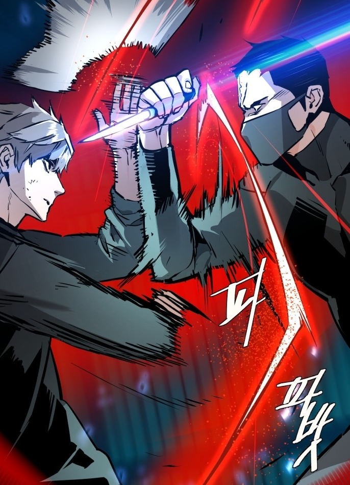 유이진이 대결하는 장면. 그의 전투 자세가 역동적으로 그려지며, 액션의 긴장감이 강조된다.