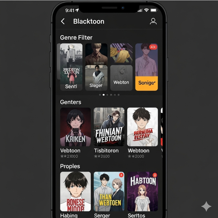 블랙툰의 모바일 앱에서 장르별 필터링 화면을 보여주는 이미지. 다양한 장르 버튼과 인기 웹툰 썸네일이 깔끔하게 배치된 모습.