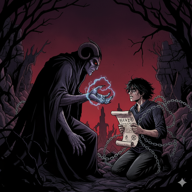 툰코 인기웹툰 “악마의 계약”의 주요 장면을 담은 이미지. 어두운 배경에 강렬한 캐릭터와 긴장감 넘치는 장면이 강조되어 독자의 호기심을 자극.