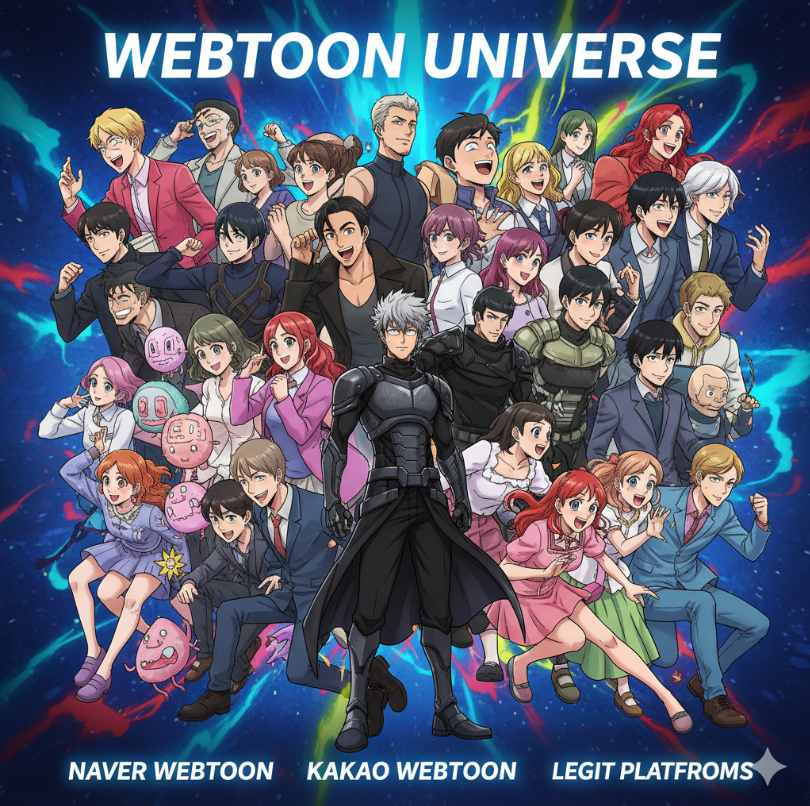 합법 플랫폼의 대표 웹툰 캐릭터들이 한 화면에 모인 이미지.