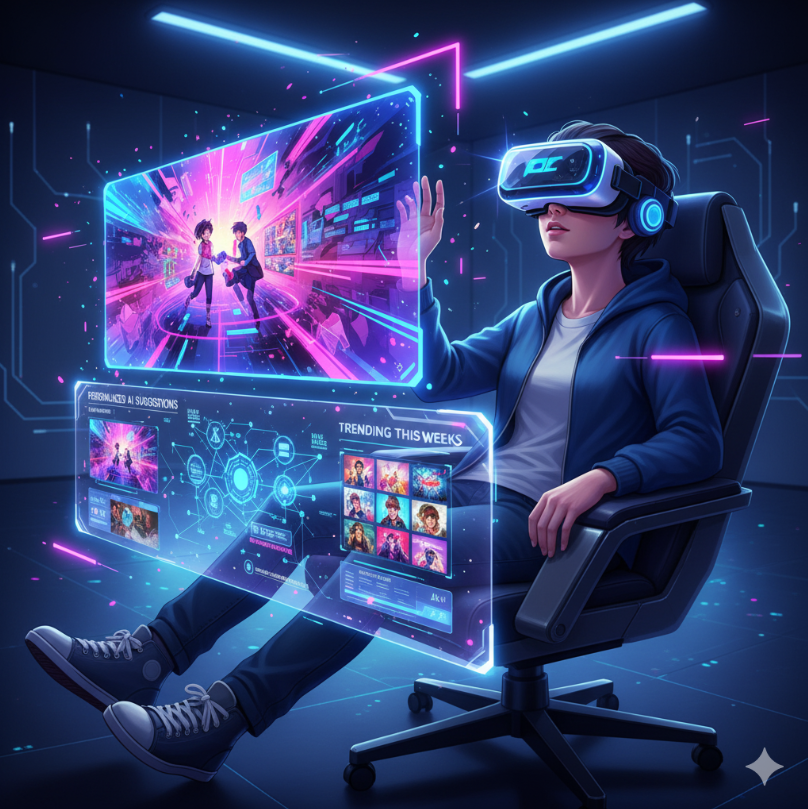 웹툰 산업의 미래를 상징하는 이미지. VR 헤드셋을 착용한 사용자가 웹툰을 즐기는 모습과 AI 추천 시스템의 인터페이스가 결합된 미래적 디자인.