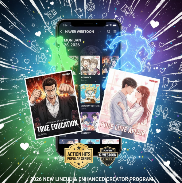 중심 인터페이스: 스마트폰 화면 속에는 2026년 1월의 요일별 연재 시스템이 깔끔하게 구현되어 있어, 일상과 밀착된 플랫폼의 정체성을 보여줍니다.