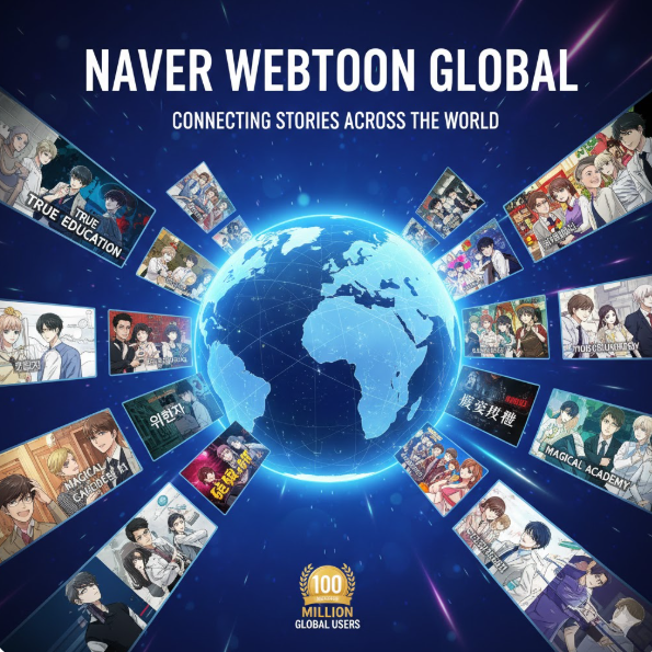 글로벌 리더십: 푸른 지구본을 중심으로 다국어 썸네일이 펼쳐진 이미지는 1억 명의 글로벌 이용자를 연결하는 K-웹툰의 위상을 나타냅니다.