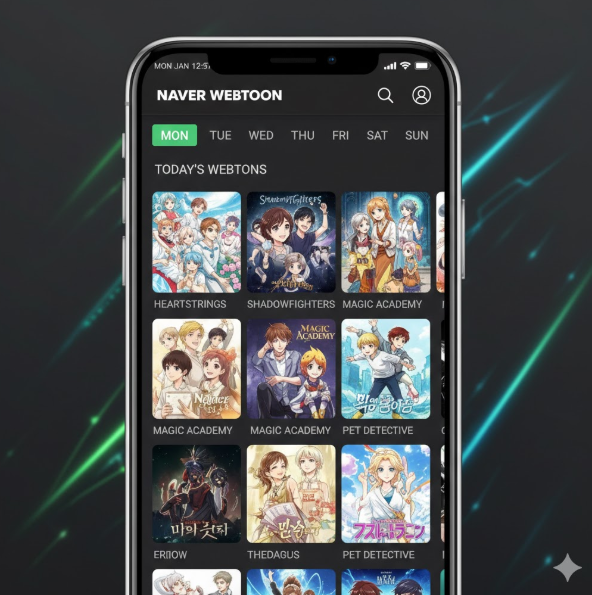 사용자 경험(UX): 모바일 및 태블릿 화면을 통해 요일별 연재 시스템과 고화질 그래픽을 보여주며, 독자들이 합법적인 환경에서 느낄 수 있는 몰입감을 시각화했습니다