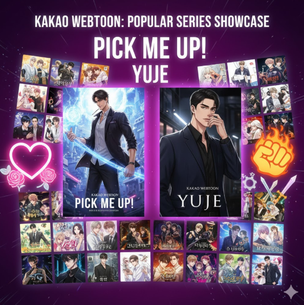 다양한 장르와 IP: 로맨스, 액션, 판타지 등 다채로운 장르를 상징하는 네온 아이콘과 인기작 '픽 미 업!', '유제' 등의 썸네일 콜라주를 통해 풍부한 콘텐츠 라인업을 보여줍니다.