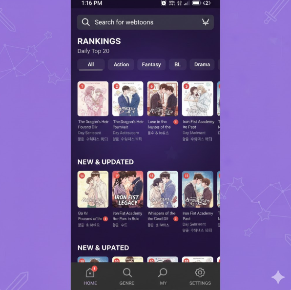 사용자 경험(UX): 실제 앱 UI를 연상시키는 스크린샷은 검색 및 랭킹 시스템의 편의성을 강조하며, 캐시 증정 이벤트 배너는 독자들의 활발한 참여를 유도하는 플랫폼의 역동성을 나타냅니다.