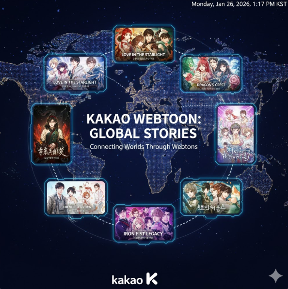 글로벌 확장성입니다. 세계 지도 배경 위에 다양한 언어의 썸네일을 배치하여 전 세계 독자들과 연결되는 '글로벌 스토리'로서의 위상을 강조합니다.