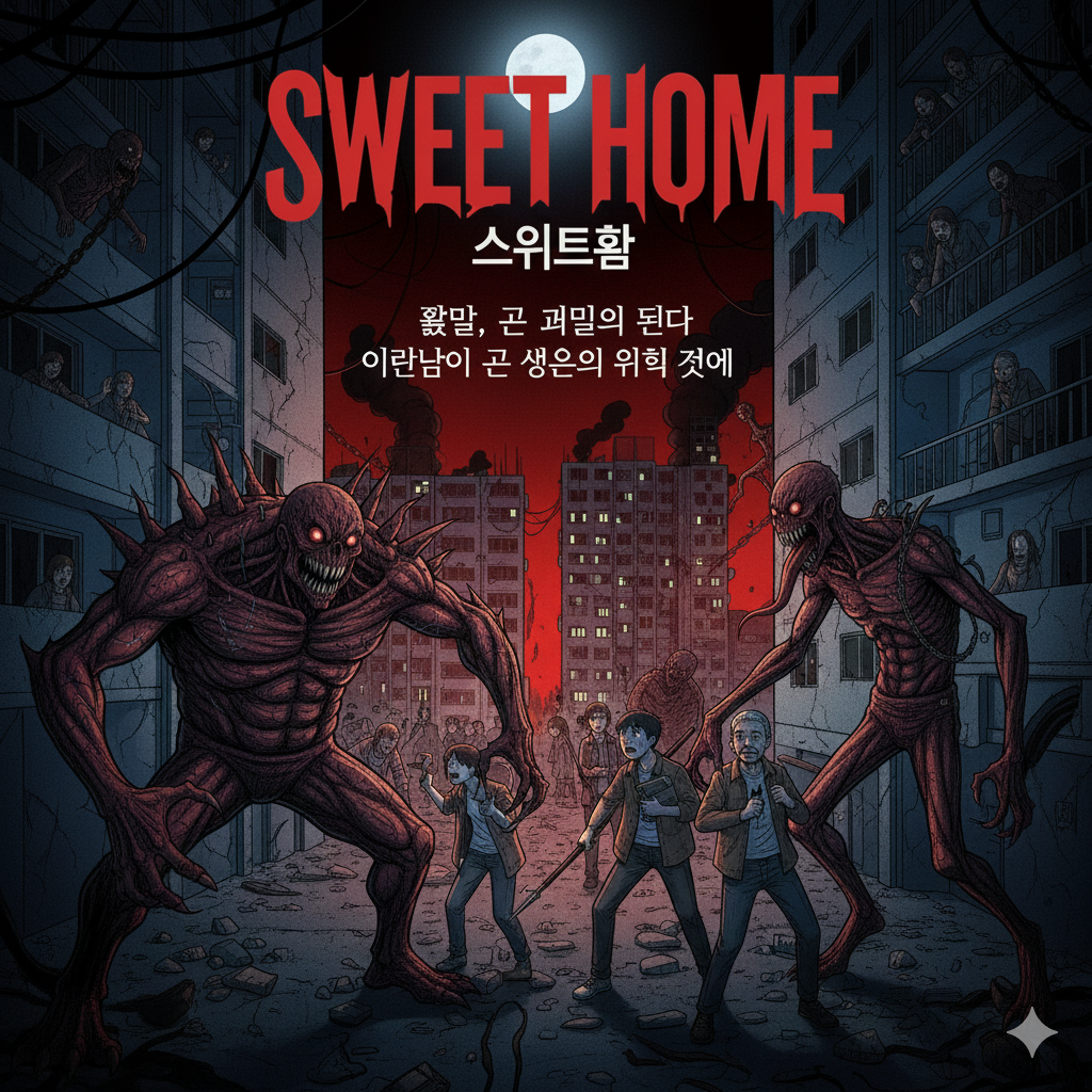 대치 구도: 어두운 아파트 단지를 배경으로, 화면을 압도하는 거대한 근육질 괴물들과 그에 맞서 생존 도구를 든 인간들이 팽팽하게 대치하고 있습니다. 이는 평범한 일상이 순식간에 지옥으로 변해버린 작품의 설정을 잘 보여줍니다.