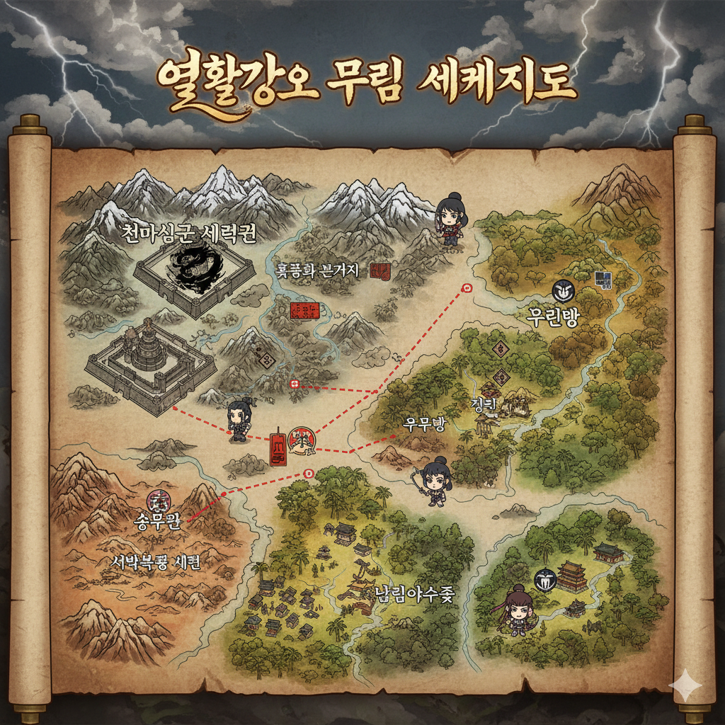 방대한 세계관: 마지막 사진은 무림의 세력권을 한눈에 보여주는 지도로, 천마신군 세력권부터 남림야수궁까지의 지리적 배경을 일러스트 형식으로 정리하여 작품의 공간적 깊이를 더해줍니다.