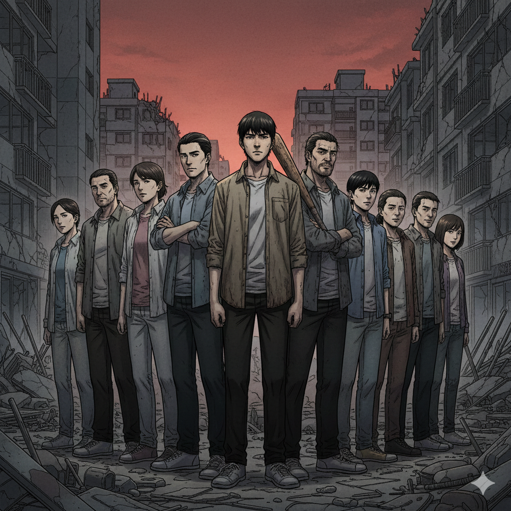 캐릭터 간의 연대: 그룹 샷 이미지는 차현수, 이은혁, 편상욱 등 주요 인물들이 폐허가 된 아파트 단지 앞에 모여 있는 모습을 담고 있습니다. 이는 각기 다른 욕망과 배경을 가진 생존자들이 괴물이라는 공통의 위협에 맞서 서로 협력하고 의지하는 '연대'의 테마를 상징합니다.