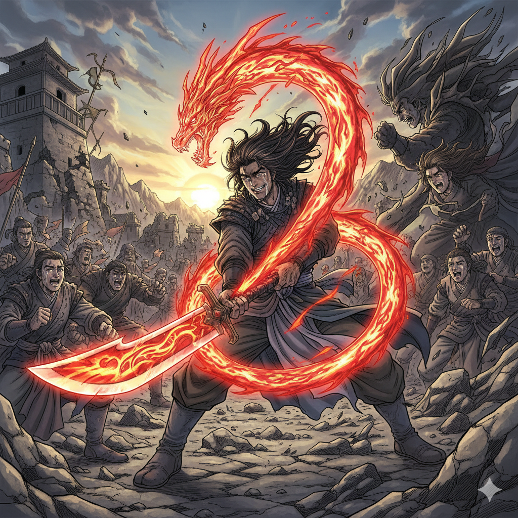 강렬한 액션과 결말: 보랏빛 검기가 휘몰아치는 전투 신은 무공의 압도적인 위력을 증명하며, 마지막 이미지 속 화룡도의 붉은 용과 함께 눈물을 흘리며 포효하는 한비광의 모습은 수많은 시련을 극복한 주인공의 마지막 혈전과 감동적인 엔딩을 암시합니다.