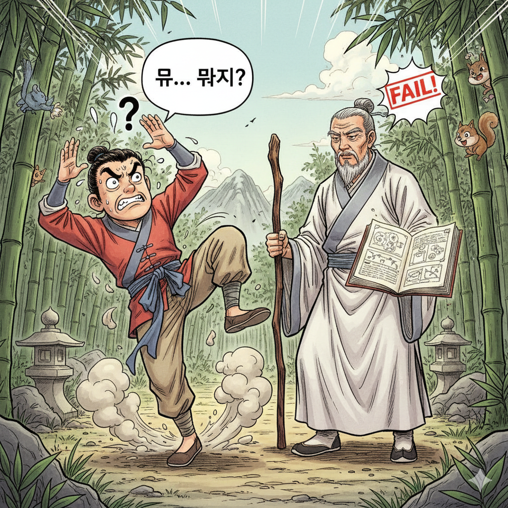 연출 특징: 'FAIL!' 문구와 한비광의 머리 위 물음표는 초기 열혈강호에서 자주 볼 수 있었던 전형적인 개그 연출 방식을 따르고 있습니다.